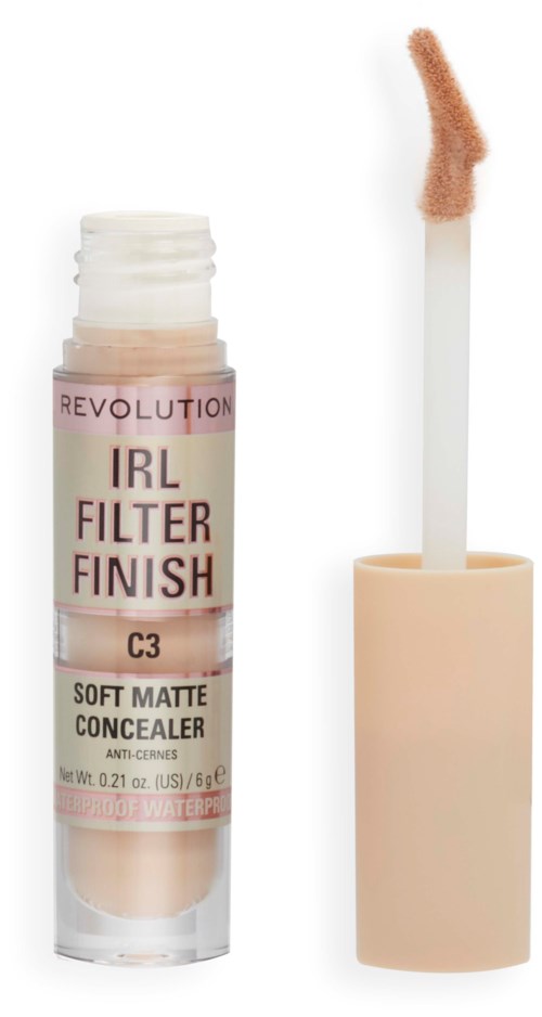 Lip gloss tube with a wand applicator, label shows it is a matte concealer with pink and beige colors.