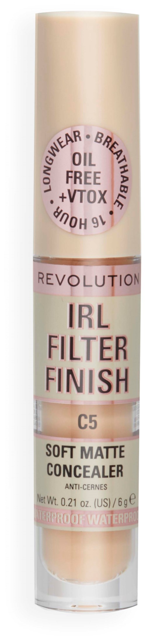 Beigeer Tub mit IRIL Filter Finish Concealer, Marke 'Revolution', sagt, dass sie ölfrei, langanhaltend ist und ein mattes Finish hat.