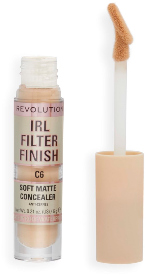 Ein Abdeckstift mit der Aufschrift "IRL Filter Finish" und Applikator, beige Kappe.