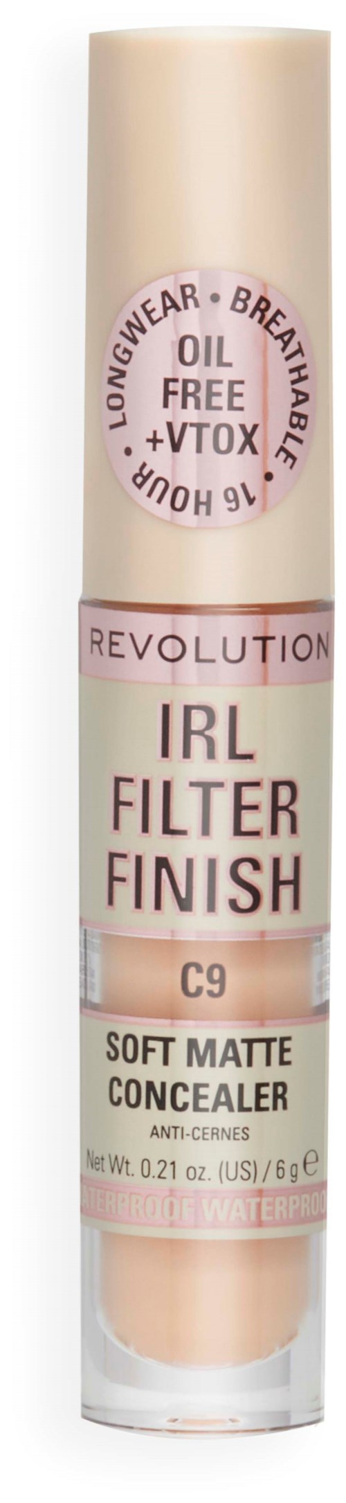 Ein Abdeckstift mit rosa und beige Design, bezeichnet als IRL Filter Finish, soft matt, langanhaltend.
