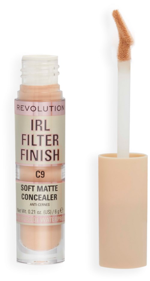 Make-up Concealer-Röhre mit Applikator daneben, beschriftet "IRL FILTER FINISH."