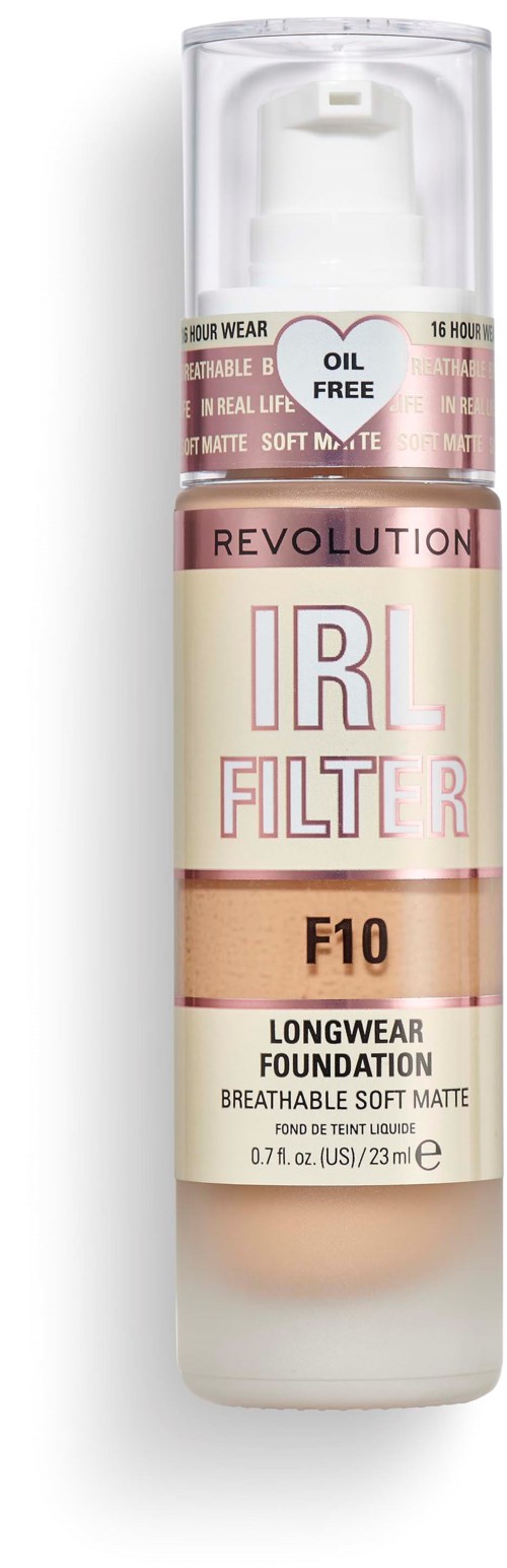 Eine Foundation-Flasche mit Pumpe, Marke Revolution, ölfrei, langanhaltend, atmungsaktiv, weich-matt, Farbton F10.