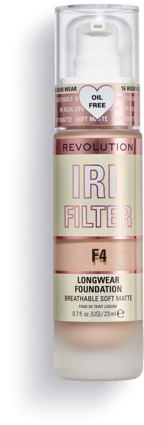 En foundationflaska med pump, märkt "IRL FILTER F4," säger långvarig och andbar, matt finish, oljefri.