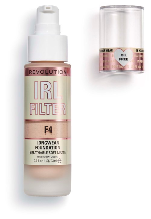 En foundationflaska märkt 'IRL Filter F4 Longwear Foundation Breathable Soft Matte' med ett tydligt lock bredvid.