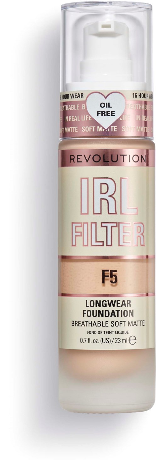 Eine Flasche Revolution IRL Filter F5 langanhaltende Foundation mit weicher matter Oberfläche und atmungsaktiver Formel.