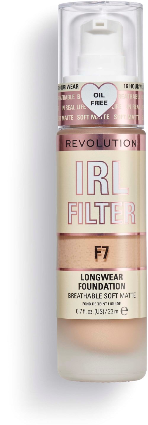 Eine Flasche Foundation-Make-up mit dem Label 'Revolution IRL Filter F7 Longwear Foundation', ölfrei und atmungsaktiv.