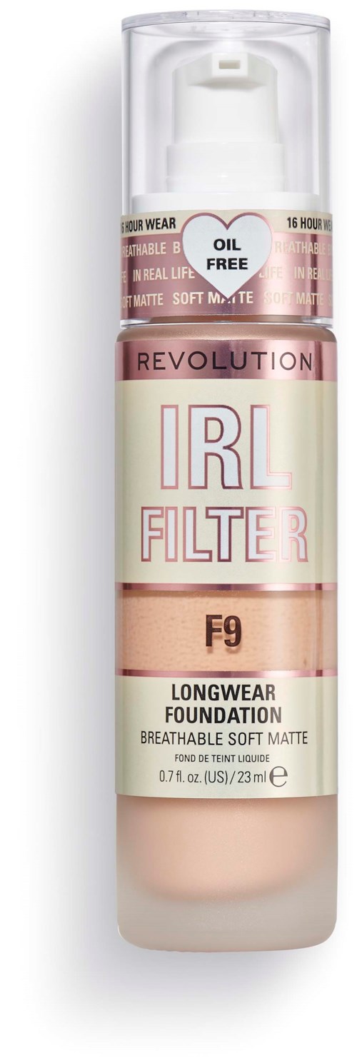 Ein Foundationsflasche mit Pumpe, beschriftet 'IRL Filter F9 Longwear', in einer eleganten Tube mit Rosa- und Beigetönen.