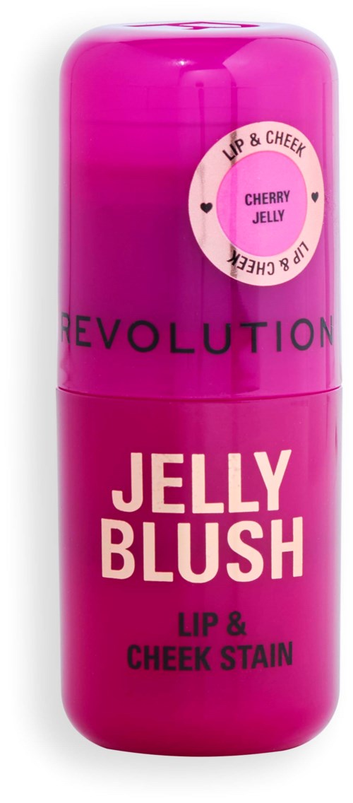 Pink container labeled 'Jelly Blush' for lips and cheeks with cherry jelly scent.