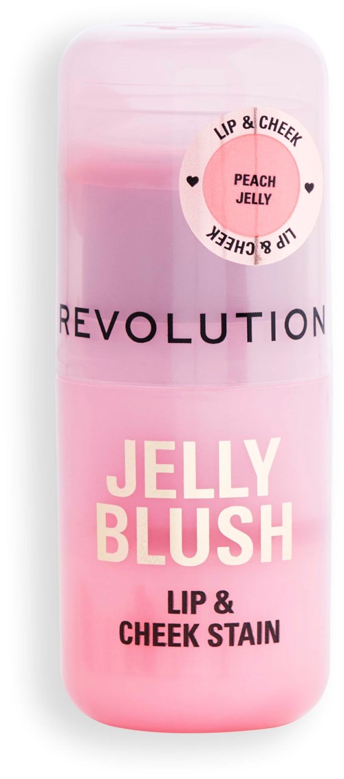 En rosa flaska märkt 'Jelly Blush' för läppar och kinder med doft av persikagelé. Enkel design, mest rosa och vitt.