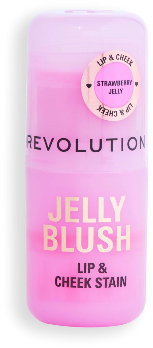 Rosa Flasche für Revolution Jelly Blush für Lippen und Wangen, mit Erdbeeren-Gelee-Duft und -Farbe, mit rosa rundem Etikett.