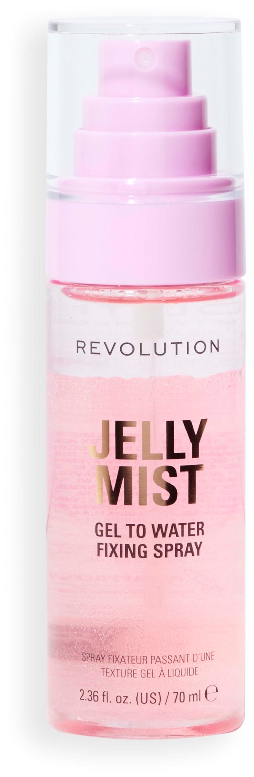 A pink bottle with a pump, labeled 'Revolution Jelly Mist,' used for fixing makeup with gel to water spray.