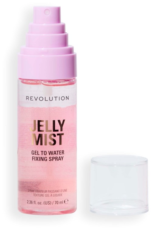 A pink bottle labeled 'Revolution Jelly Mist', with a spray top, and a clear cap placed beside it.