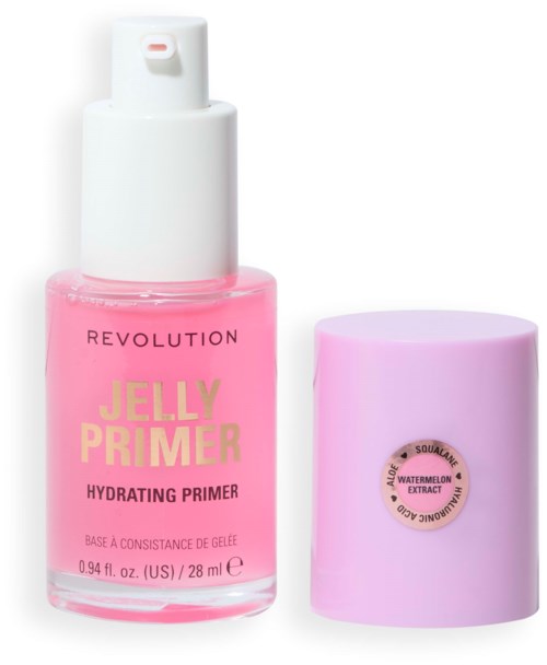 Pink bottle with yellow and black text, labeled 'Jelly Primer Hydrating Primer' and a purple cap.
