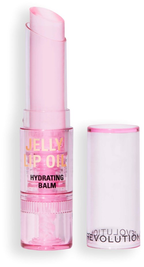 En rosa återfuktande läppbalsam i form av en stav med genomskinlig lock, märkt "Jelly Lip Oil."