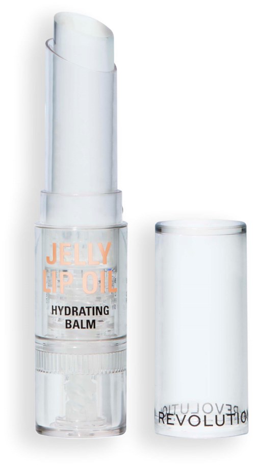 En genomskinlig läppbalsamstift med orange och svart etikett. Lockets är avlägsnat, visar balm inuti. Produkten är återfuktande läppbalsam.
