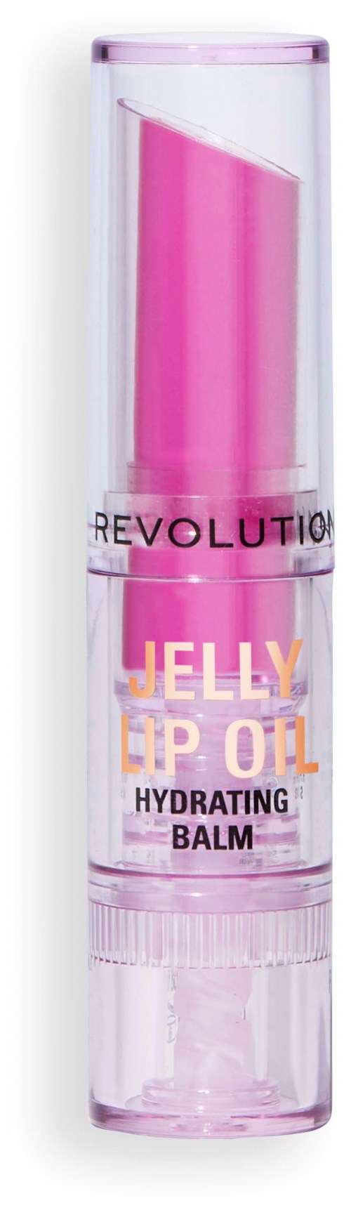Läppbalsam i rosa i genomskinlig behållare, märkt Jelly Lip Oil Hydrating Balm av Revolution.