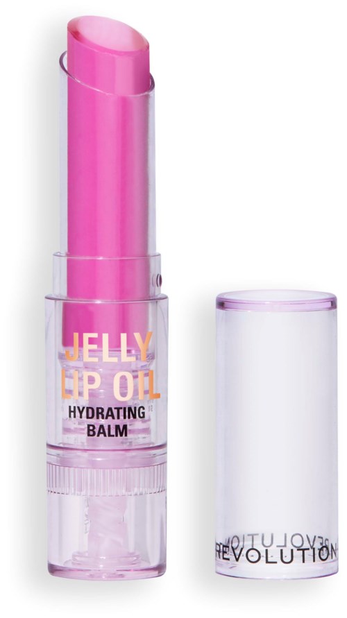 Rosa läppbalsamstift med tydlig lock och etikett som säger "Jelly Lip Oil Hydrating Balm."