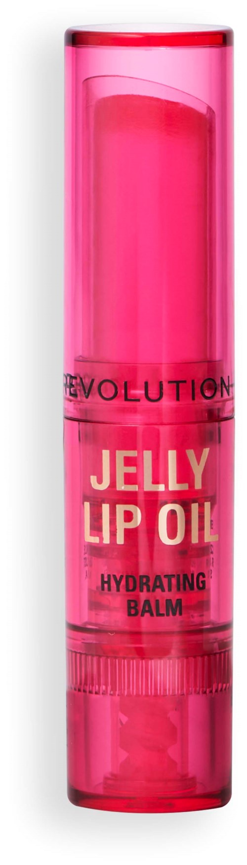 En rosa stångförpackning med etiketten 'Jelly Lip Oil Hydrating Balm'. Det är en hudvårdsprodukt för läppar.