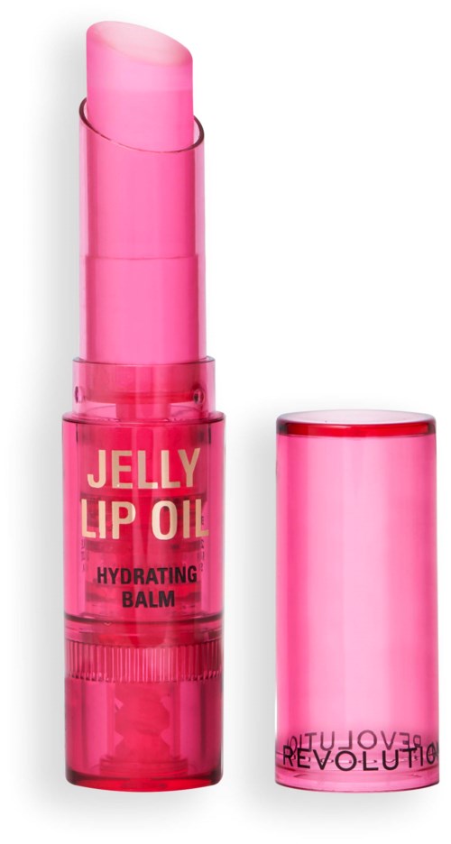 Pink läppbalsam med behållare märkt "Jelly Lip Oil". Kapseln är av och visar balsamet inuti.