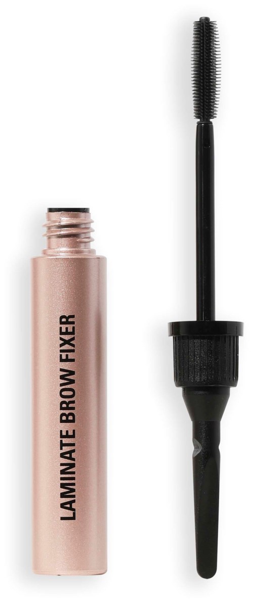 Ein Kosmetiktube mit der Aufschrift 'Laminating Brow Fixer' neben einer Applikatorbürste.
