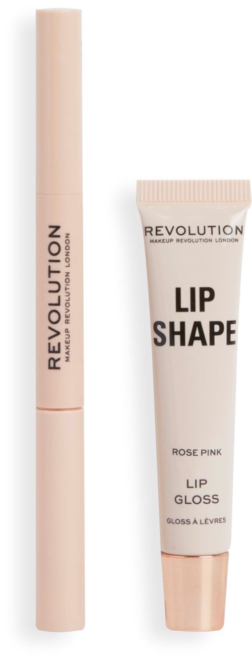 Two makeup products: a lip gloss and a lip shape balm, both from Revolution, in pinkish shades.