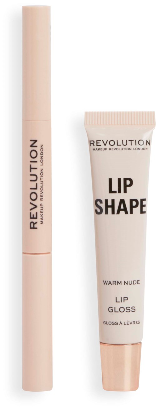 Two lip makeup products, one is a lipstick and the other is a lip gloss. Both are in beige packaging.