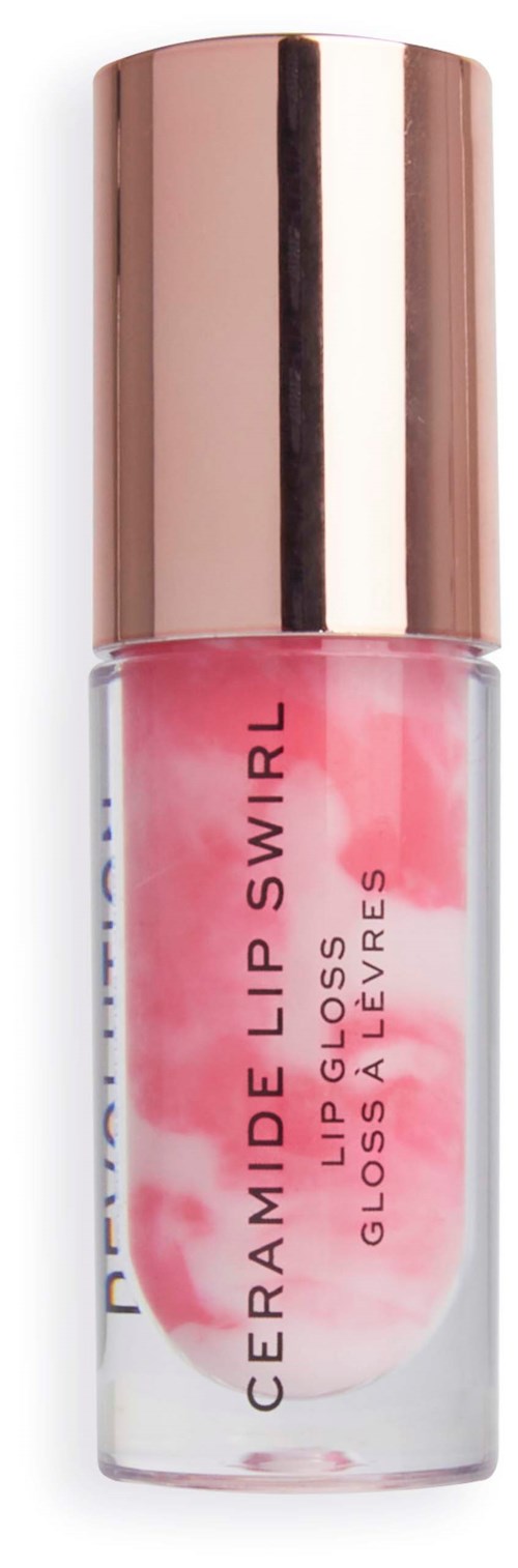 En liten flaske med rosa lip gloss med et rosen gull lokk. Etiketten viser at det er Ceramide Lip Swirl.