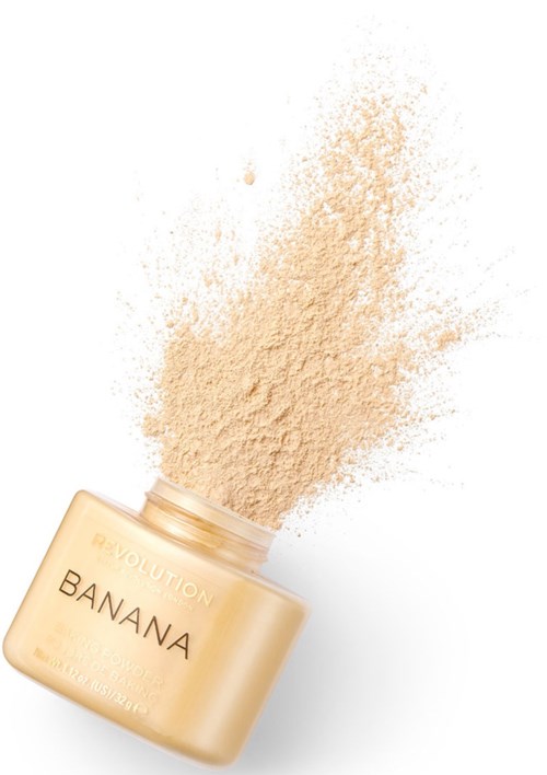 A jar labeled 'Banana' is spilled, with powder spreading in the air and around it.