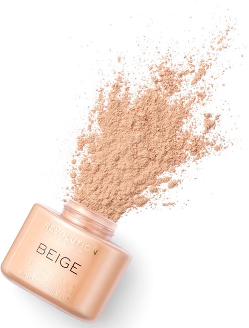 Ett beige pulver spillrar från en behållare märkt 'BEIGE' på en vit bakgrund.