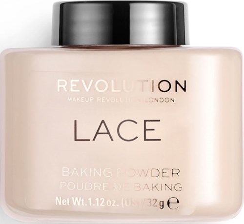 Engångsbehållaren innehåller Lace Baking Powder från Revolution Makeup London, med svart lock och beige behållare, etikett.