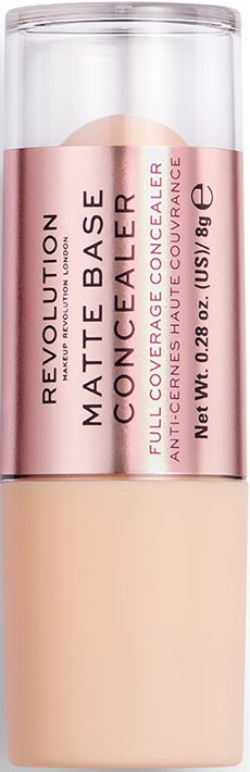 En flaska Revolution Matte Base concealer med en rosa etikett som visar produktnamnet och beskrivningen.