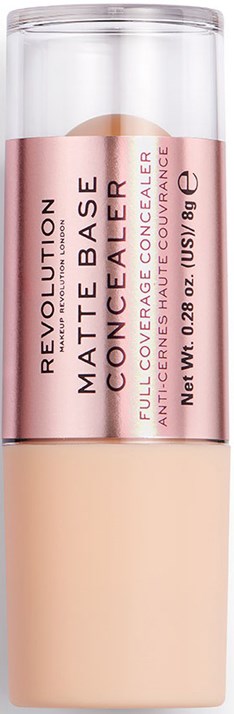 En lång flaska med rosa och silver etikett innehåller beige foundation. Den är märkt "Revolution Matte Base".