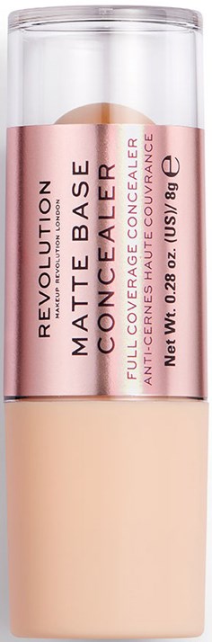En makeupprodukt i en tydlig behållare med en rosa etikett. Etiketten visar att det är en matt foundation av Revolution.