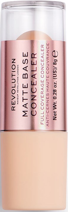 En makeupprodukt med en ljus beige bas i ett tydligt förpackning, märkt som Revolution Matte Base Concealer.