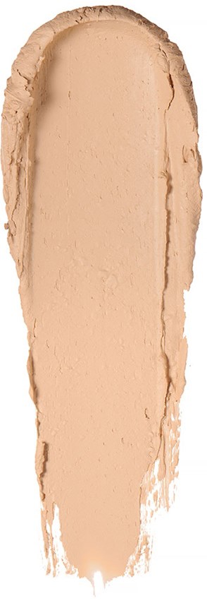 En beige makeup-svamp i en förlängd oval form med hårda kanter.