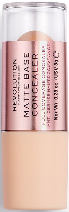 En flaska Revolution Matte Base foundation med en rosa och vit etikett, genomskinlig kork och beige vätska inuti.