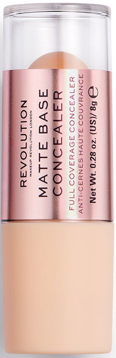 Det är en flaska Revolution Matte Base Concealer med genomskinligt lock, innehållande beige concealer.