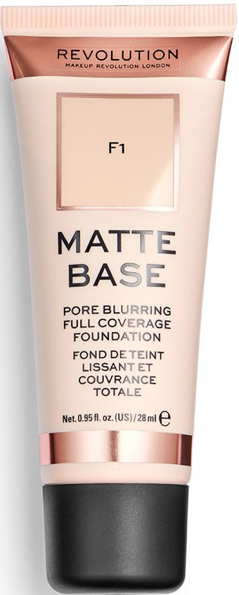 En tub foundation med ljusrosa och svart design, märkt 'Matte Base' av Revolution, för full täckning.
