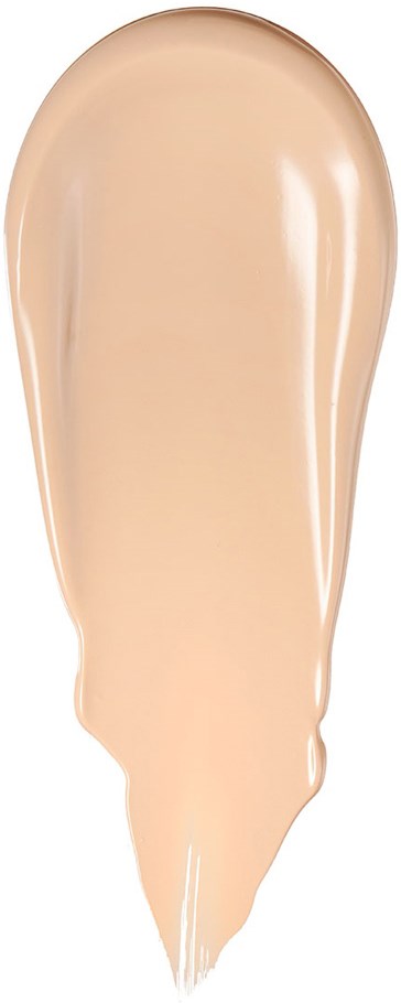 En beige flytande foundationprov med en slät, blank yta i en tårform.