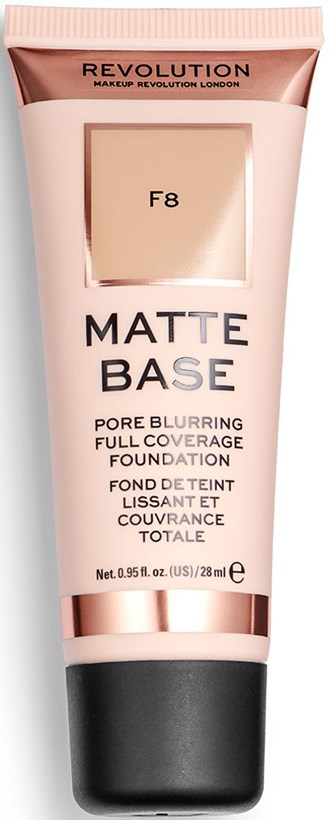 En tub med Revolution MakeUp Matte Base foundation, märkt F8, för full täckning och pore blurring.