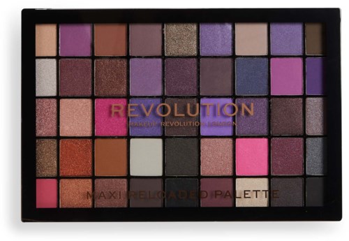 A makeup palette with many purple, pink, brown, and neutral eyeshadow shades in a black case.