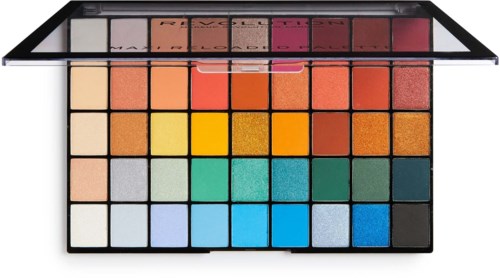 En färgglad sminkpalett med många nyanser, inklusive rosa, orange, gul, grönt, blått och svart.