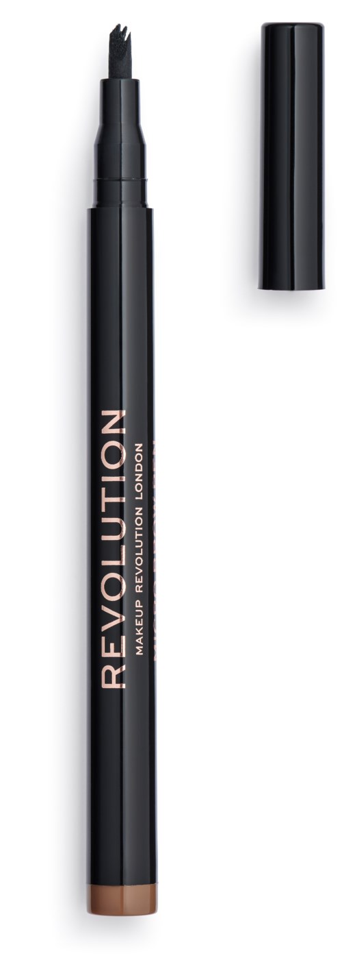 En svart ögonbrynspenna med borstspets och ett separat lock. Märkesnamnet är Revolution Makeup.