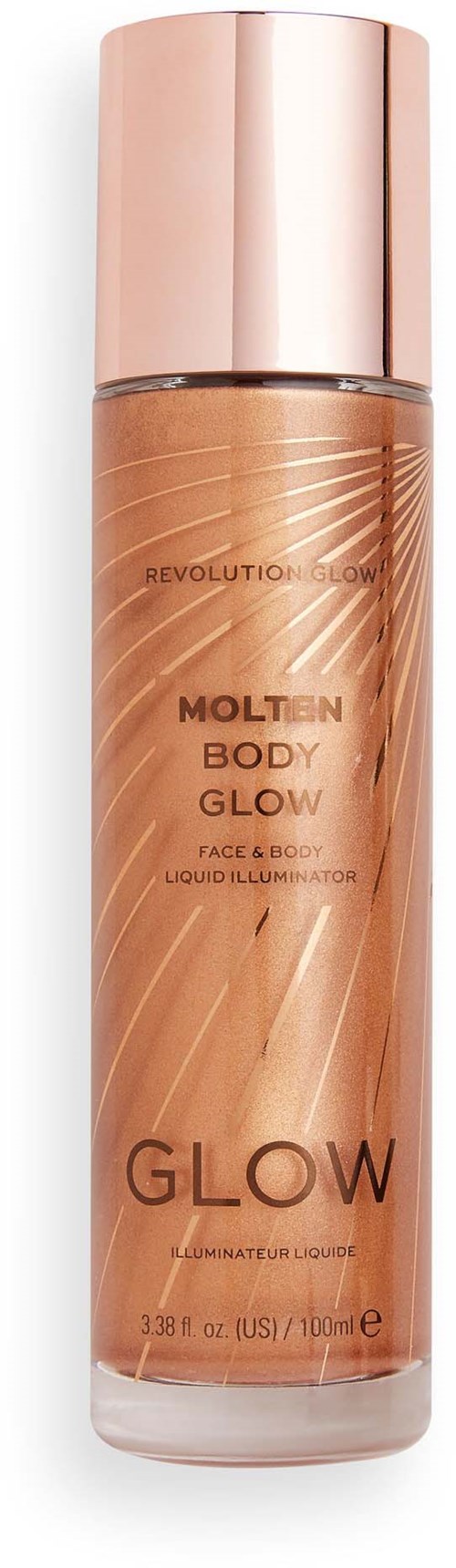 A bottle of Molten Body Glow liquid with a pink cap and bronze-colored label.