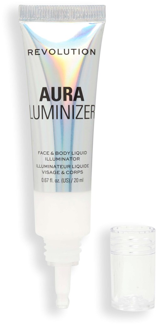 En tub märkt 'Aura Luminizer' med ett tydligt lock och en liten behållare bredvid.