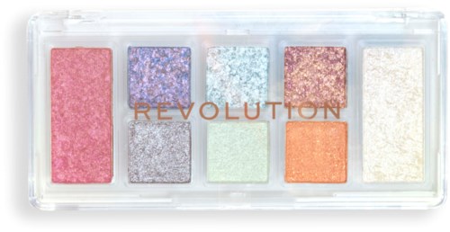 Farverig øjenskyggepalet med otte nuancer, inklusive pink, lilla, blå, sølv, grøn, orange og beige.