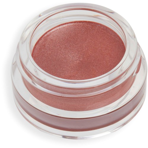 En liten rund behållare med rosa-brun makeup eller kräm inuti.