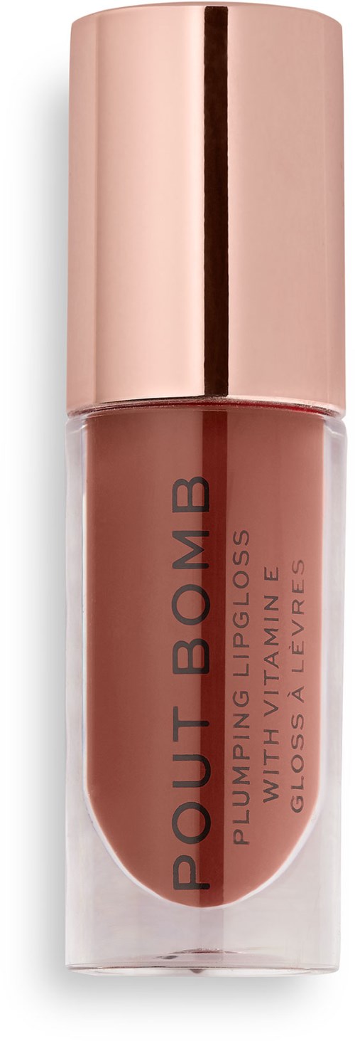Ein Lippenstifthülse in rosa-korallen Farbe mit goldfarbenem Deckel, beschriftet mit 'POUT BOMB' und 'GLOSSY LAQUES.'