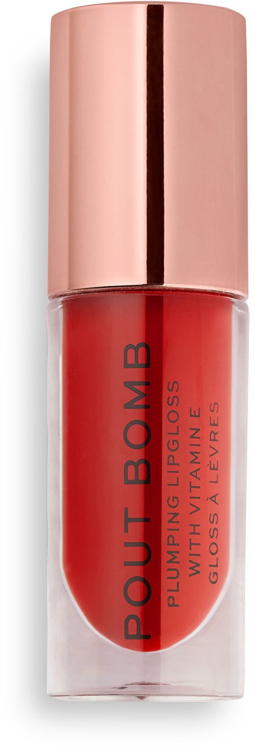 Roter Lipgloss mit rosa Deckel, beschriftet "POUT BOMB" und "VOLUME BUM".