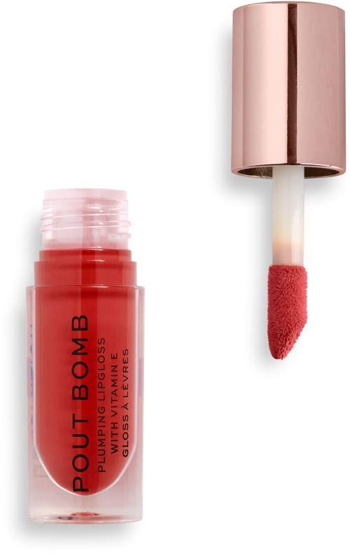 Roter flüssiger Lipgloss mit offenem Applikator, der einen pinken Schwammkopf zeigt.